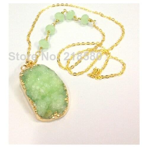 H-QN1127 Druzy Jewelry Lime Green Crystal Druzy Cluster Pendant Necklace with a Rosary Chain