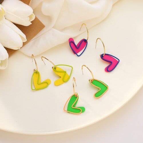 Korean Neon Color Layed Heart Earring for Women Candy Color Metal Big Hanging Dangle Earrings Statement Party Jewelry Brincos