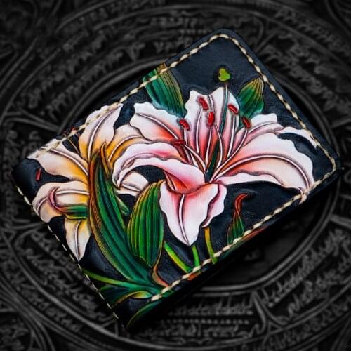 Hand-made Lily Short Wallets Purses Women Men Clutch Vegetable Tanned Leather Thin Drivers License Wallet Card Holder