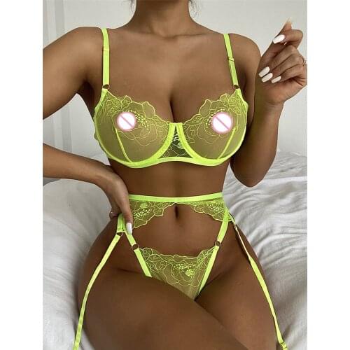 Lace Sexy Lingerie Woman Set Woman 3 Pieces Bra with Bones Underwear S-XL Brief Erotic Sex Sets Sensual Lingerie