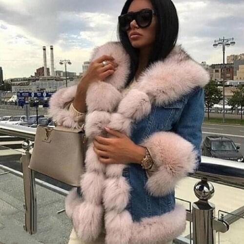 Womens New Real Fox Fur Jacket High Quality Fox Fur Denim Jacket Parker Clothing Jacket Rabbit Fur Lining Winter Warm Fashionab