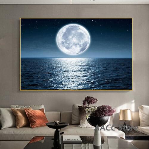 A Moon on the Sea Prints Canvas Painting One Piece Seascape Photography Poster for Wall for Bedroom Home Cuadros Decoration