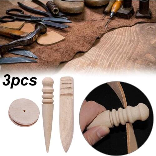 New 2019 DIY3 Pcs Leather Craft Wood Edge Burnisher with Multi-Size Grooves Solid Wood Leather Slicker Rod Leathercraft Tool
