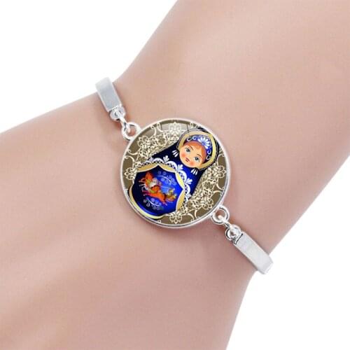 New Tradition Russian Doll Picture Silver Chain Bangle Glass Cabochon Charm Bracelet Fashion Jewelry for Women Girls Gifts