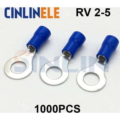 1000pcs Crimp Terminal RV2-5 6-14AWG 1.04-2.63mm^2 Crimp terminals blue Ring Terminal 1 Brass RV2.5-5