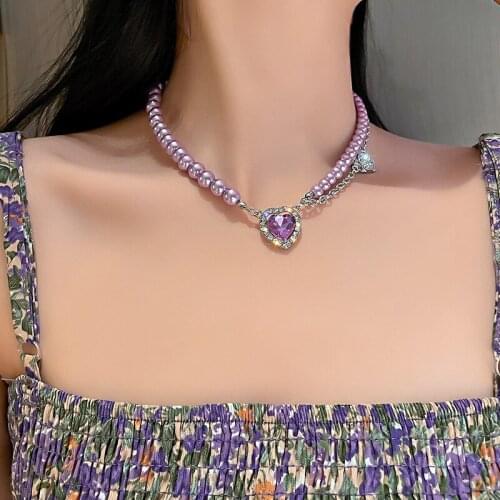 Origin Summer Bling Bling Purple Crystal Love Heart Pendant Necklace for Women Asymmetry Rhinestone Metal Necklace Jewelry