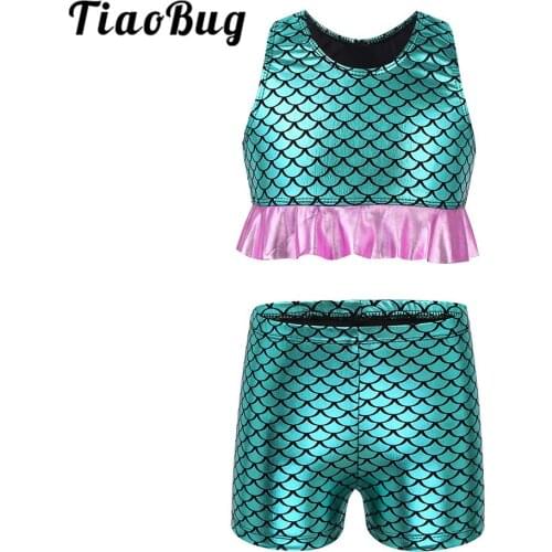 TiaoBug Kids Fish Scales Printed Crop Top with Gymnastics Shorts Girls Ballet Jazz Dancewear Stage Performance Mermaid Costume