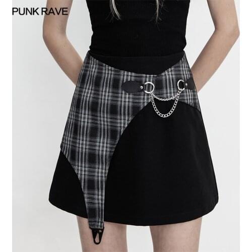 PUNK RAVE Womens Punk Asymmetrical Plaid A Shape Short Skirt Side with Removable Chain Personality Handsome Girl Mini Skirts