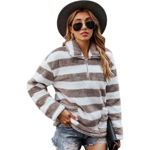 Womens Long Sleeve 1/4 Zip Lapel Sweatshirt Warm Hoodie Long Sleeve 1/4 Zip Lapel Sweatshirt Warm Check Stripe Fluffy