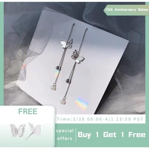 ANENJERY Delicate 925 Sterling Silver Butterfly Pearl Long Tassel Earrings for Women Ear Line Party Jewelry Gifts S-E1247