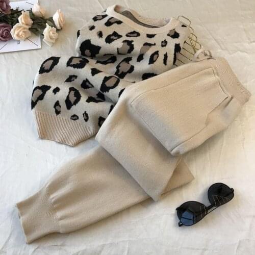 Ladies Two-piece Autumn and Winter Personalized Leopard Print Pullover Long-sleeved Sweater + Simple Pants Suit