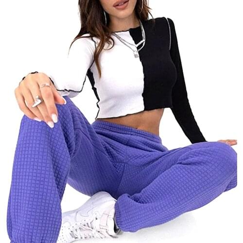 2021 Fashion Trend Womens Color Block Crop Tops Casual Long Sleeve Round Neck Two Tone Slim Fit Tee Spring Skinny T-shirts