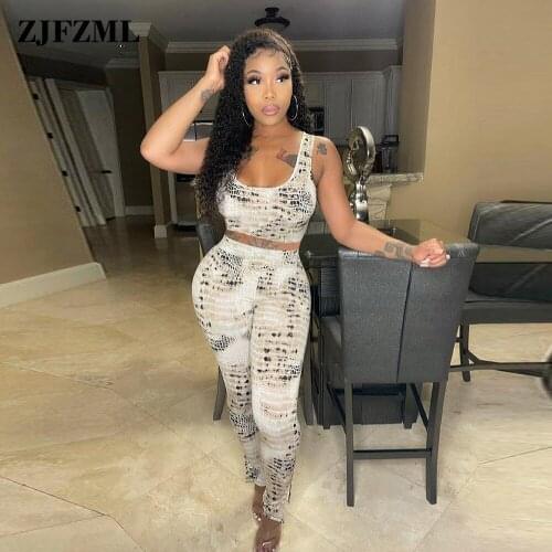 Serpentine Print 2 Piece Matching Set Women Tracksuit Sleeveless Low Neck Tank Top and High Waist Jogger Pant Club Outfit New