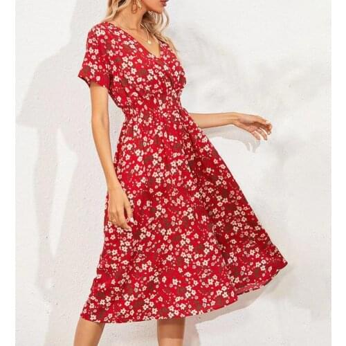 50%HOT Dress Floral Print Loose Female Ladies V Neck Summer Dress for Vacation