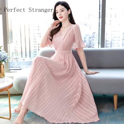 2020 Summer New Arrival Flare Sleeve Stripe V Collar Women Chiffon Long Dress High Quality M-3XL