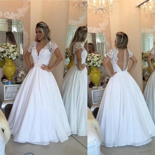 Elegant Short Sleeve Prom Dress A-Line Lace Appliques With Pearls Bow White Evening Gowns vestidos de noche tallas grandes