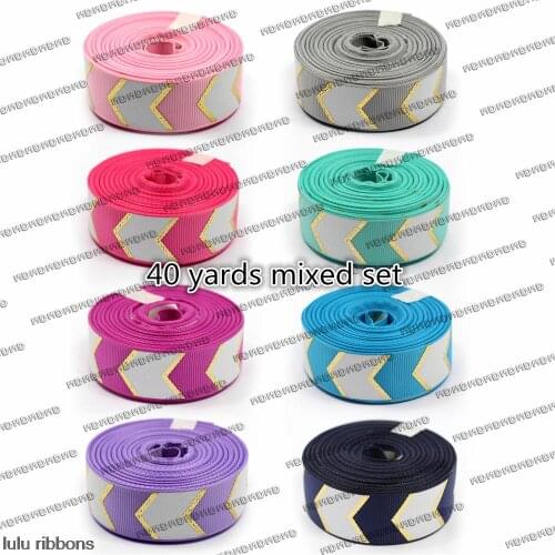 5 yards/design) 7/8" 22mm Fish Arrows Gold Foil Ink Printed Grosgrain Ribbon DIY Handmade Gift Ribbon