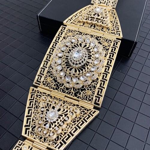 Moroccan Style Large Gold Belt Latest Design Elegant Rectangular Crystal Waist Chain Metal Belt Wedding Dress Decorative Belt