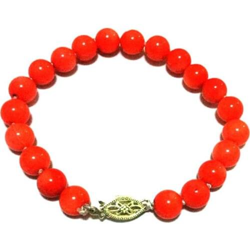 8-9mm Orange Round Natural Coral Bead Bracelet With Sterling Silver Clasp