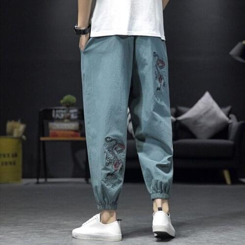 Mens Spring Autumn Cotton Linen Ankle-length Loose Trousers Embroidery Casual Harem Pants M2