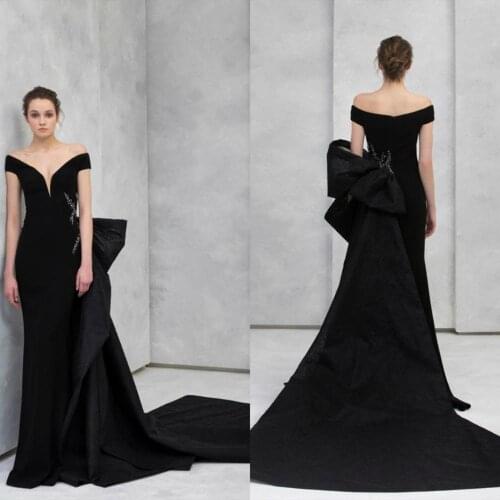 2020 Black Evening Dresses With Detachable Train Satin Off Shoulder Beaded Mermaid Prom Dress Formal Party Gowns Robes De Soirée