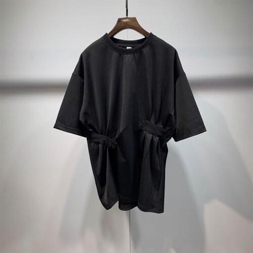 Summer Large sizeKorean asymmetric fold waist design loose round neck t-shirt mens dark non iron thin T-shirt