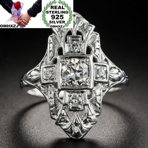 OMHXZJ Wholesale European Fashion Woman Man Party Wedding Gift White Square Rectangle AAA Zircon 925 Sterling Silver Ring RR165