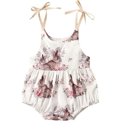 Toddler Baby Rabbit Flower Printing Romper Infant Baby Girl Sleeveless Suspender Romper Easter Day Lace-up High Waist Clothing