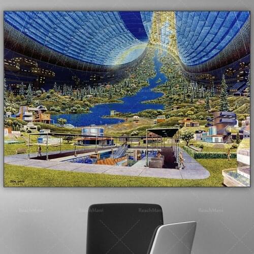 Space colonies in the 1970s, space printing, science fiction, space voyages, spaceships, futuristic art, artistic rendering, spa