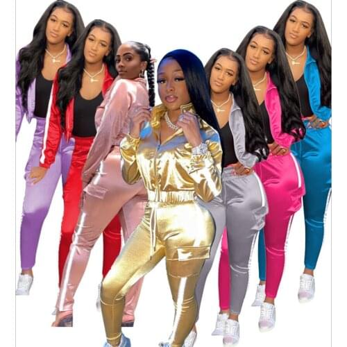 New Arrivals Women Tracksuits Shinning Pockets Patchwork Two Piece Sets Casual Zipper Coats High WaistPants Charming Nightclub