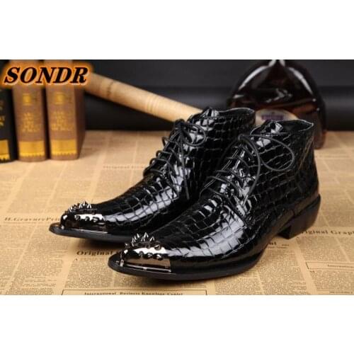 Men Genuine Leather Shoes Crocodile Skin Iron Pointed Toe Lace Up Shoes Fashion Dress Wedding Ankle Boots Botas De Homens