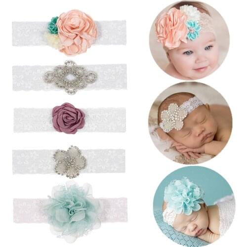 New 5pcs/lot Newborn Rhinestone Flower Headband Soft Lace Headbands Kids Handmade Hair Accessories Birthday Gift