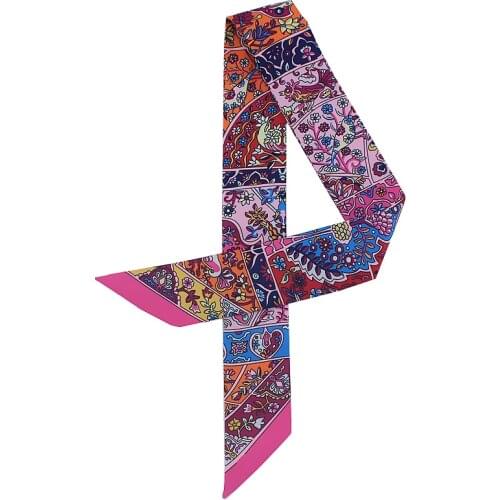 POBING New Design Bird Floral Print Silk Scarf Women Head Scarf Brand Small Tie Handle Bag Ribbon Long Scarves Wraps 100*5CM