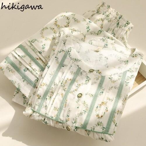 Hikigawa 2021 Pajamas Set for Women Summer New Pijama Long Sleeve Trouser Suit Female Sweet Print Home Service Set Sleepwear