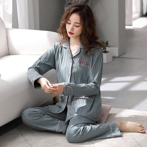 Full Cotton Pajamas For Women New Plus Size Lounge Wear Home Clothes Spring Autumn 2 Piece Set Embroidery Pyjama Femme 3XL