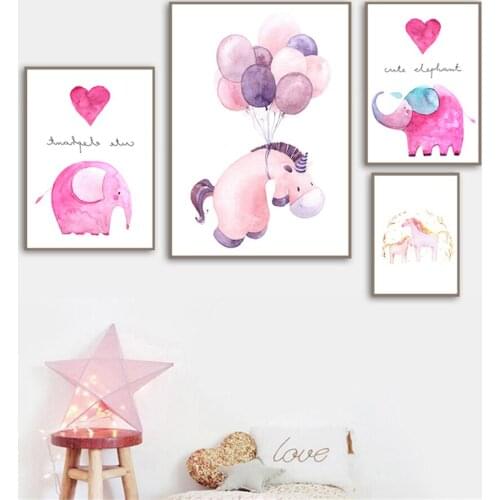 Unicorn Pink Heart Elephant Horse Nursery Nordic Posters Prints Wall Art Canvas Painting Wall Pictures Girl Boy Kids Room Decor