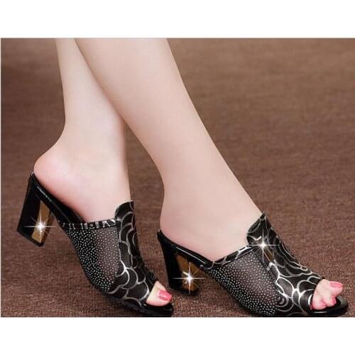 Summer Women sandals Slippers High Heels printing Slides Lady Flower Sandalias Peep Toe Fashion black Woman shoes Plus Size