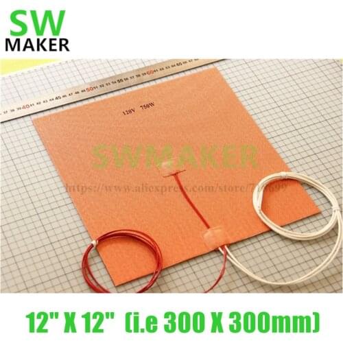 SWMAKER 12" X 12" (i.e 300 X 300mm) 110V/120V/220V 750W Flexible Silicone Heater Mat/Pad for 3D Printer Heated Bed Heating bed
