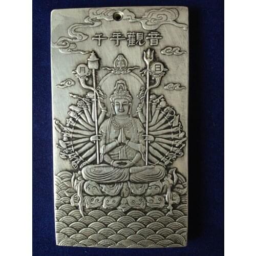 Elaborate Chinese old tibetan silver 1000-hands guan yin buddha statue amulet auspicious plate