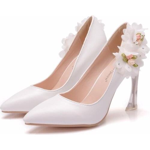 Crystal Queen White Lace Flower Wedding Shoes bride Party Shoes Women Pumps Ladies High Heels DRESS PARTY Bridal Shoes