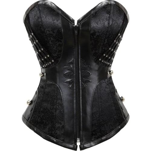 Zip Front Steel Boned Vintage Gothic Corset Overbust Faux Leather Brocade Corset
