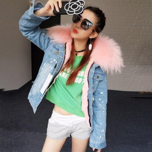 Brand 2020 Casual new fur coat winter jacket women Holes jeans denim jacket parka real raccoon fur collars rabbit fur liner warm