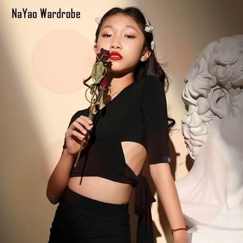 G1176 V Neck Kids Latin Dance T shirt Waist Band Design Girl Latin Dancing Clothes Belly Ballroom Tango Dresses