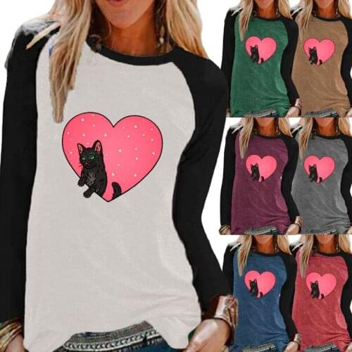 Autumn and Winter Fashion Womens Cartoon Print Casual Long-sleeved Color Block Top T-shirt Ladies Round Neck Pullover Top