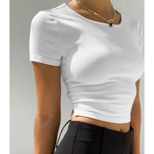 Women T-shirts Summer Casual Sexy Backless Tie Up Crop Tops Short Sleeve Crew Neck Open Back Tee Top Streetwear White Black 2021
