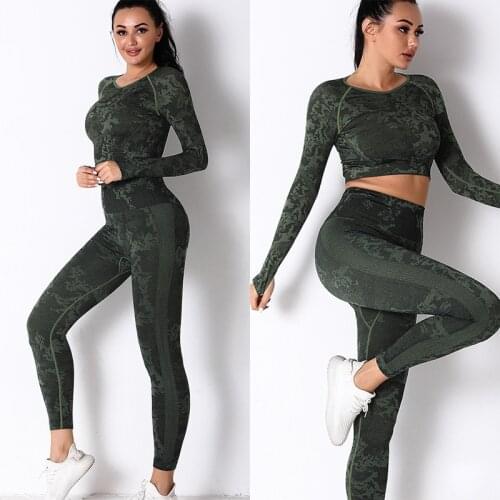 Women Gym Sets 2 Piece Yoga Set Women Seamless Fitness Camouflage High Waist Leggings Fitness Suit Workout Leggins Training Set