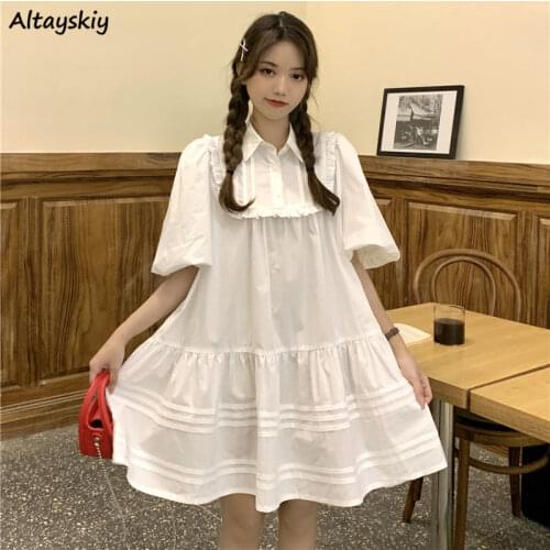 Dresses Women Student Solid Peter Pan Collar Short Sleeve A-line Preppy Style Leisure Stylish Daily Solid Simple Mujer Vestidos