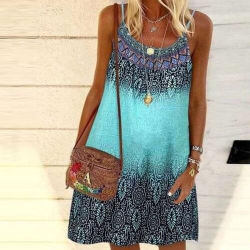 Women Bohemian Dress Summer Loose Printed Sleeveless Sundress Beach Vestidos Plus Size A-Line Spaghetti Strap Mini Dress #SRN