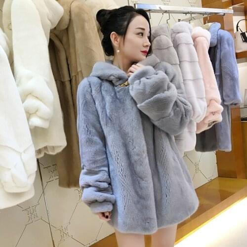 Women real mink fur coat winter fur jacket hooded overcoat medium long outerwear female