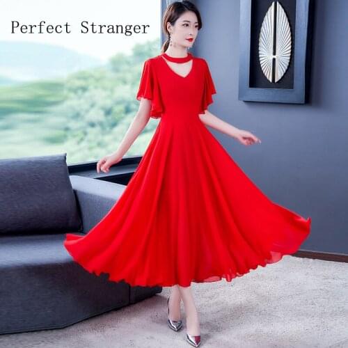 Long Chiffon Dress 2021 Summer New Arrival M-5XL V Collar Solid Color Butterfly Sleeve Woman Dress High Quality